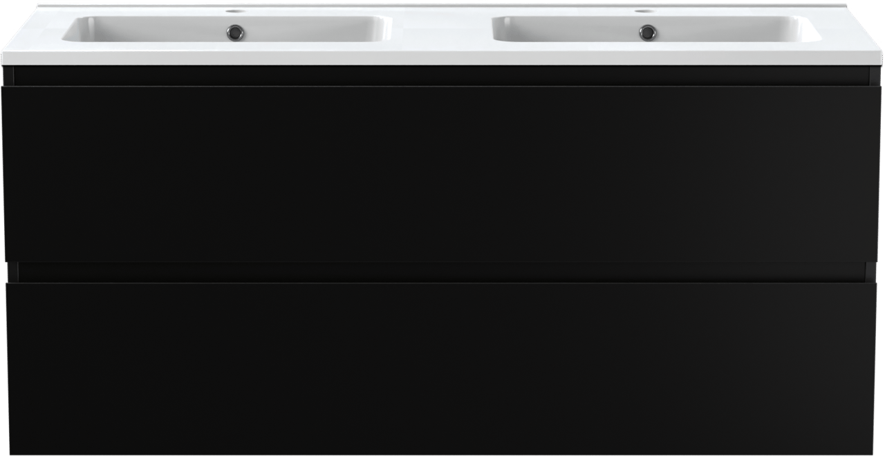 Linie Lado zwevend badmeubel 120 x 46 cm mat zwart met Vano dubbele wastafel in composietmarmer hoogglans wit
