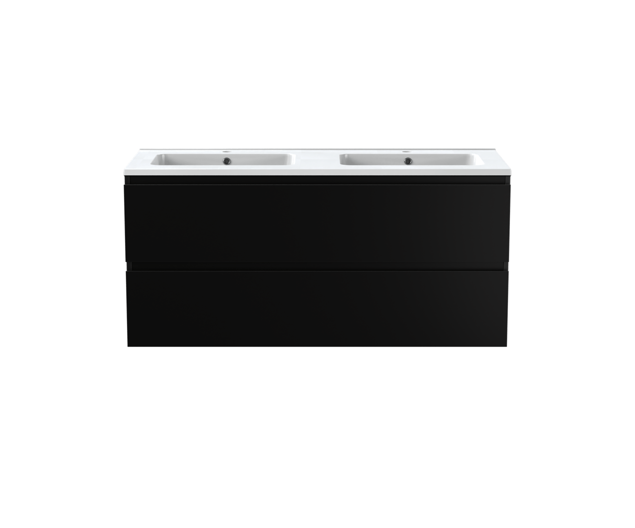 Linie Lado hängendes Möbelstück Set: 120 x 46 cm, Schwarz matt, mit Vano Doppelwaschtisch, Marmorkomposit Weiß glänzend
