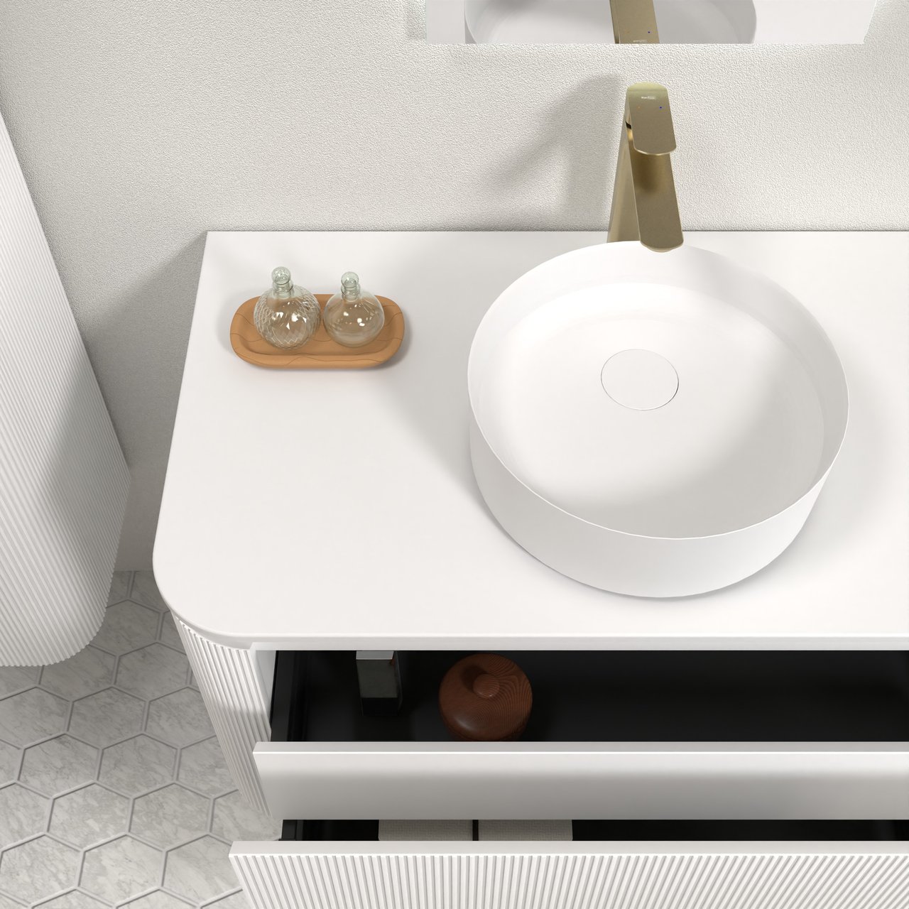 Balmani Moon zwevend badkamermeubel 100 x 55 cm mat wit met Moon enkel tablet in solid surface mat wit, Verticale symmetrische rechte ribbel