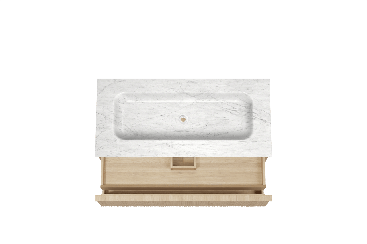 Balmani Forma hängendes Möbelstück Set: 120 x 55 cm, Naturbelassene Eiche, mit Tablo Arcato Einzelwaschtisch, Marmor, Carrara, Vertikale asymmetrische Runde Rippe