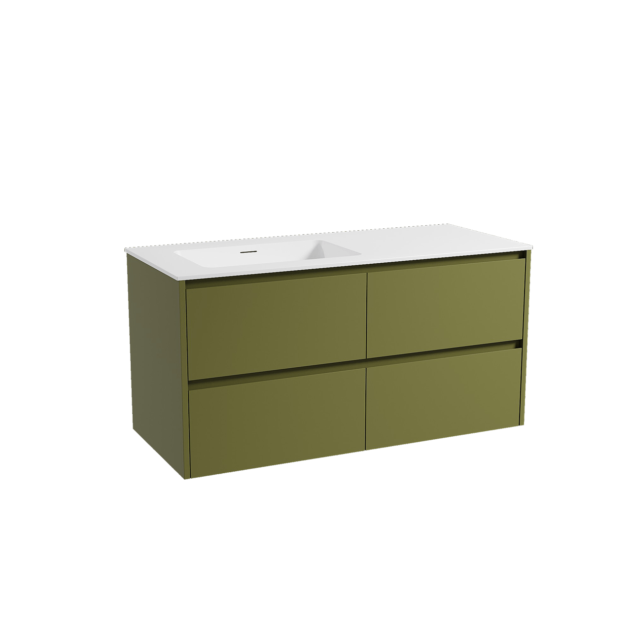 Storke Seda meuble salle de bains suspendu 120 x 52 cm vert olive avec Mata vasque asymétrique gauche en solid surface blanc mat