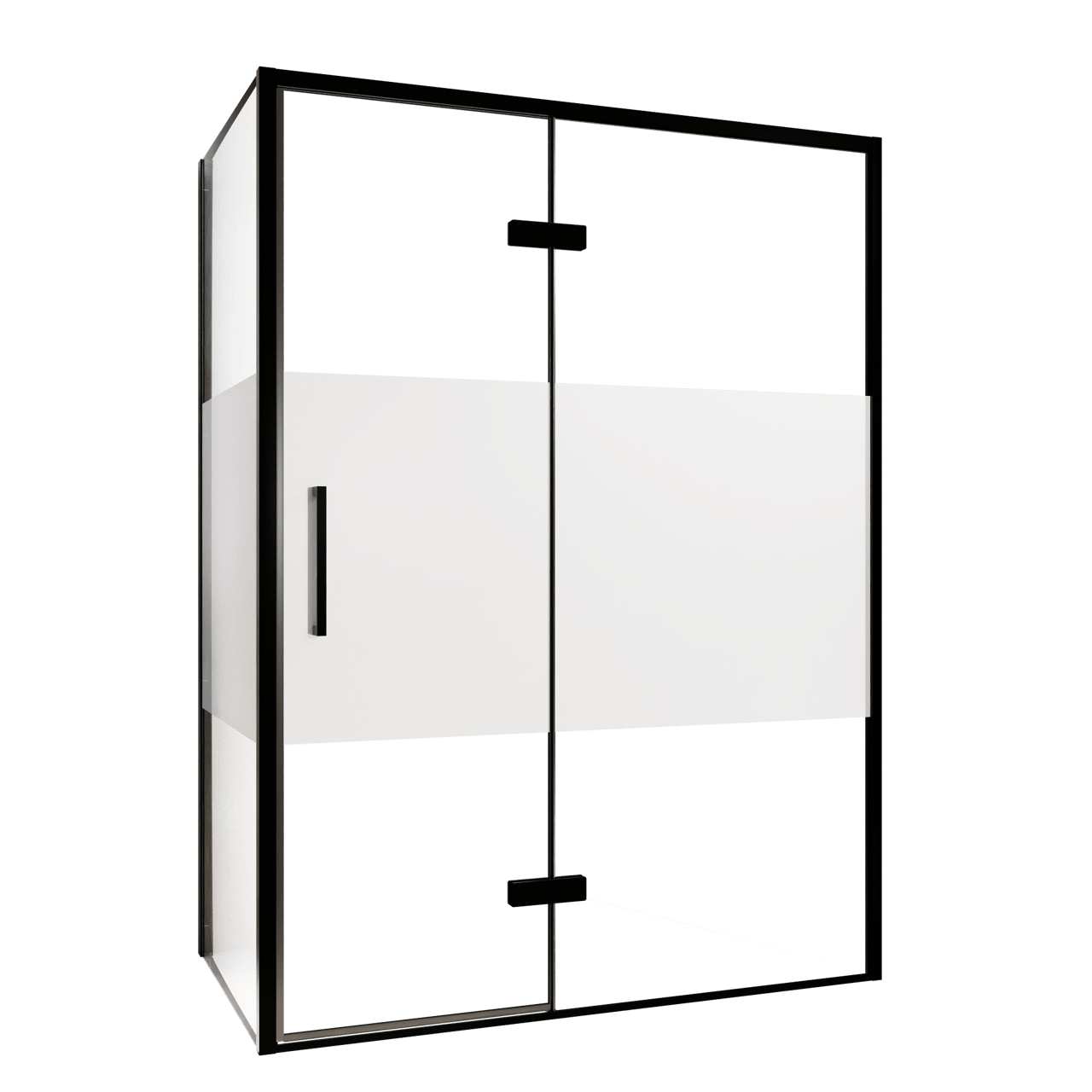 Balmani Senses Design douche en coin avec porte pivotante à droite et paroi latérale fixe, 140 x 90 cm, Verre transparent avec bande matte, Profil noir, coating inclus, coating inclus