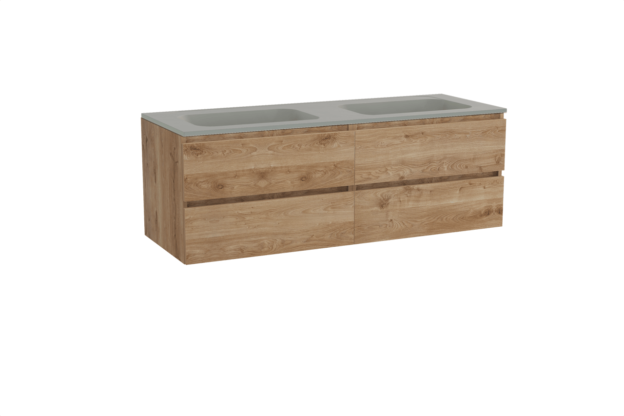 Balmani Lucida meuble salle de bains suspendu 150 x 55 cm chêne brut avec Tablo Strada double vasque en marbre composite soie grise