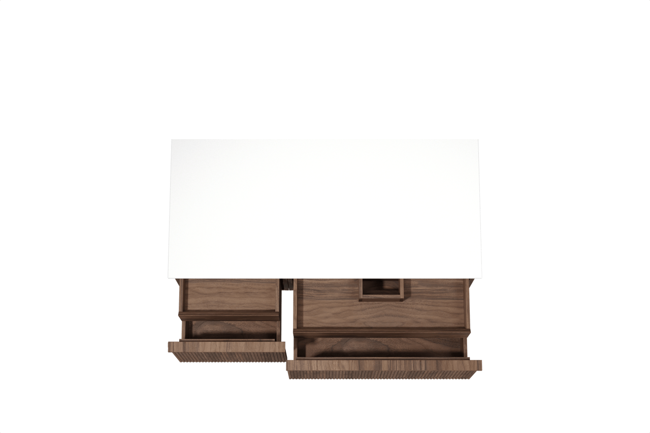 Balmani Forma zwevend badmeubel 120 x 55 cm amerikaans notenhout met Stretto enkel of dubbel wastafelblad in solid surface mat wit, Verticale symmetrische rechte ribbel