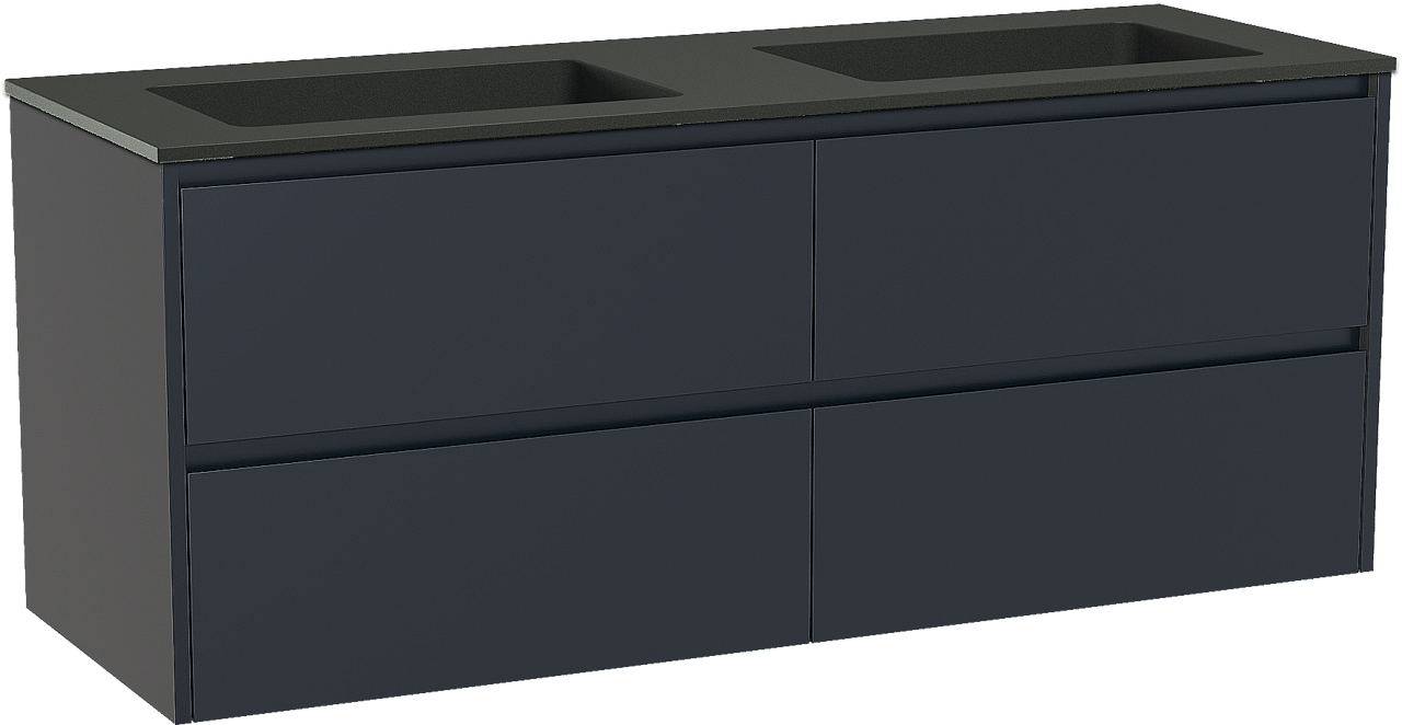 Storke Seda zwevend badmeubel 150 x 52 cm nachtblauw met Scuro dubbele wastafel in kwarts mat zwart