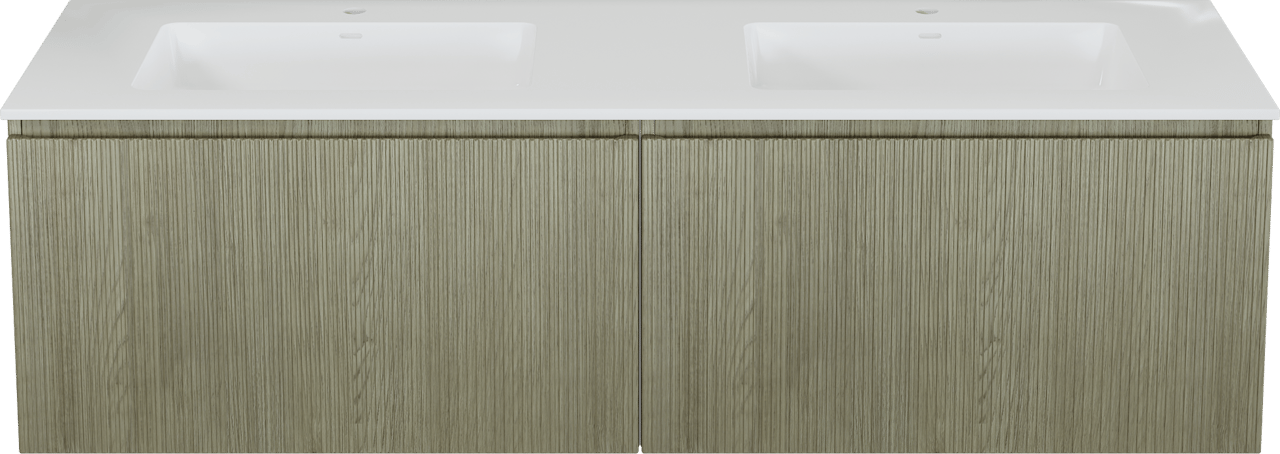Storke Ribs meuble salle de bains suspendu 170 x 52 cm chêne brut avec Bilia double vasque en marbre composite blanc brillant, Nervure droite symétrique verticale