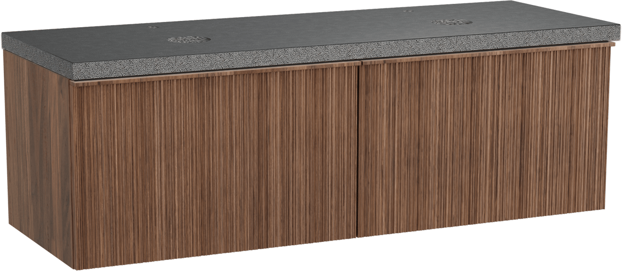 Balmani Forma zwevend badmeubel 150 x 55 cm amerikaans notenhout met Rock dubbel wastafelblad in zwart graniet, Verticale asymmetrische ronde ribbel