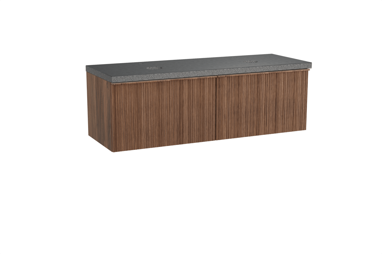 Balmani Forma meuble salle de bains suspendu 150 x 55 cm noyer américain avec Rock tablette double en granit noir, Nervure circulaire asymétrique verticale