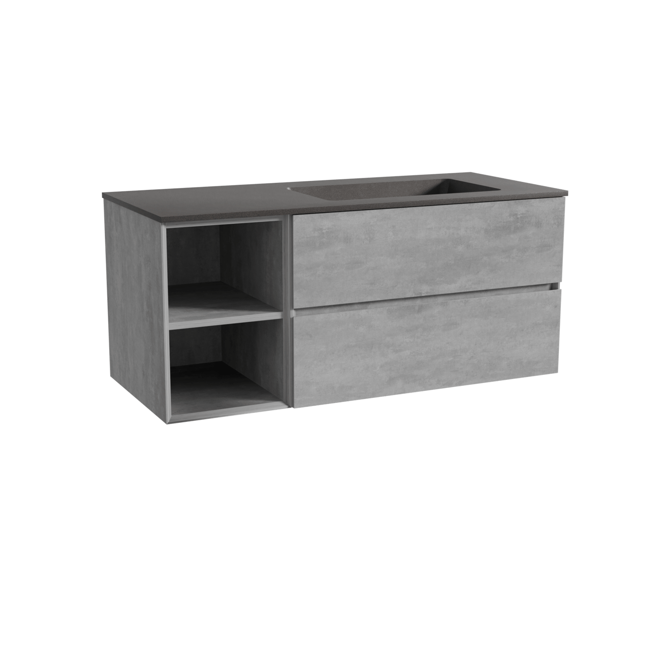 Storke Edge meuble salle de bains suspendu 120 x 52 cm béton gris foncé avec Scuro plan vasque asymétrique à droite en quartz noir mat