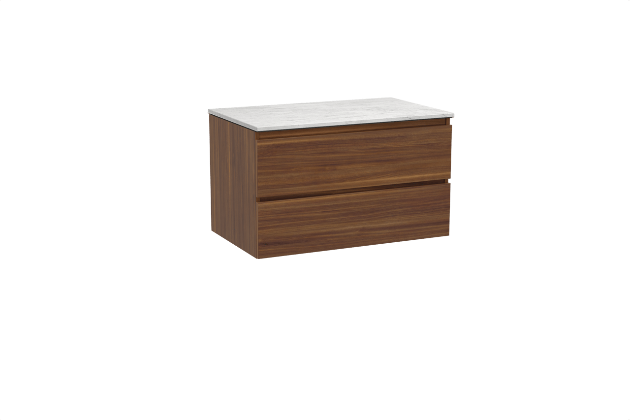 Balmani Lucida hängendes Möbelstück Set: 90 x 55 cm, Amerikanischer Nussbaum, mit Stretto Einzel Waschtischplatte, Marmor Carrara