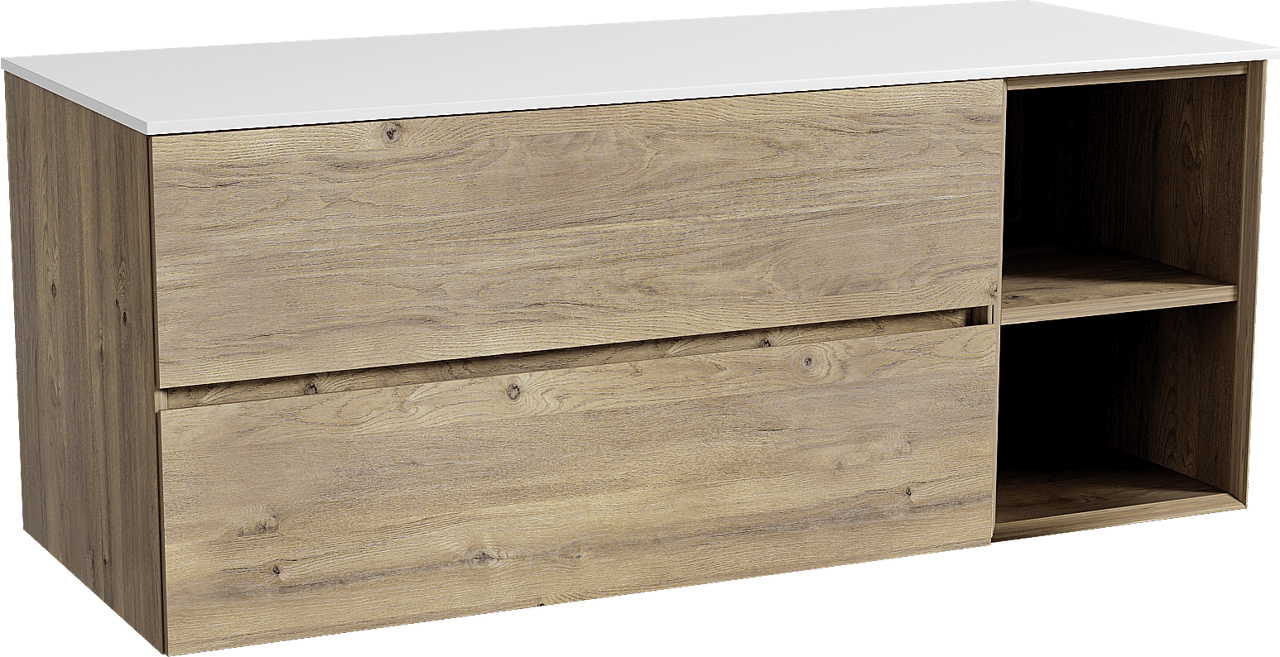 Storke Edge zwevend badkamermeubel 130 x 52 cm ruwe eik met Tavola enkel of dubbel tablet in solid surface mat wit