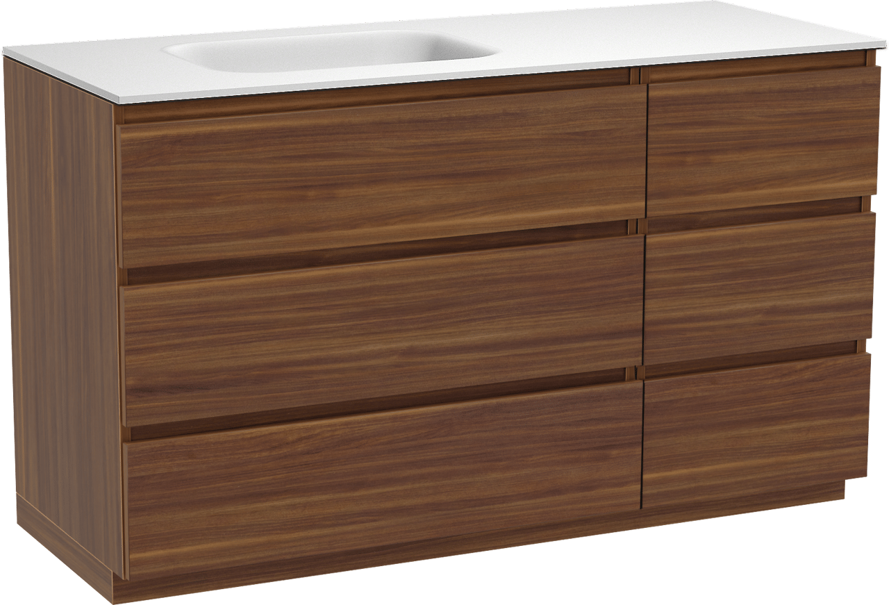 Balmani Lucida freistehendes Möbelstück Set: 135 x 55 cm, Amerikanischer Nussbaum, mit Tablo Arcato Waschtisch links, Solid Surface Weiß matt