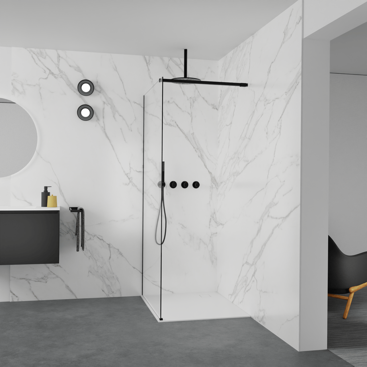 Balmani Modular douche à l'italienne: 100 x 200 cm, Verre extra transparent, avec coating, Profil Noir mat