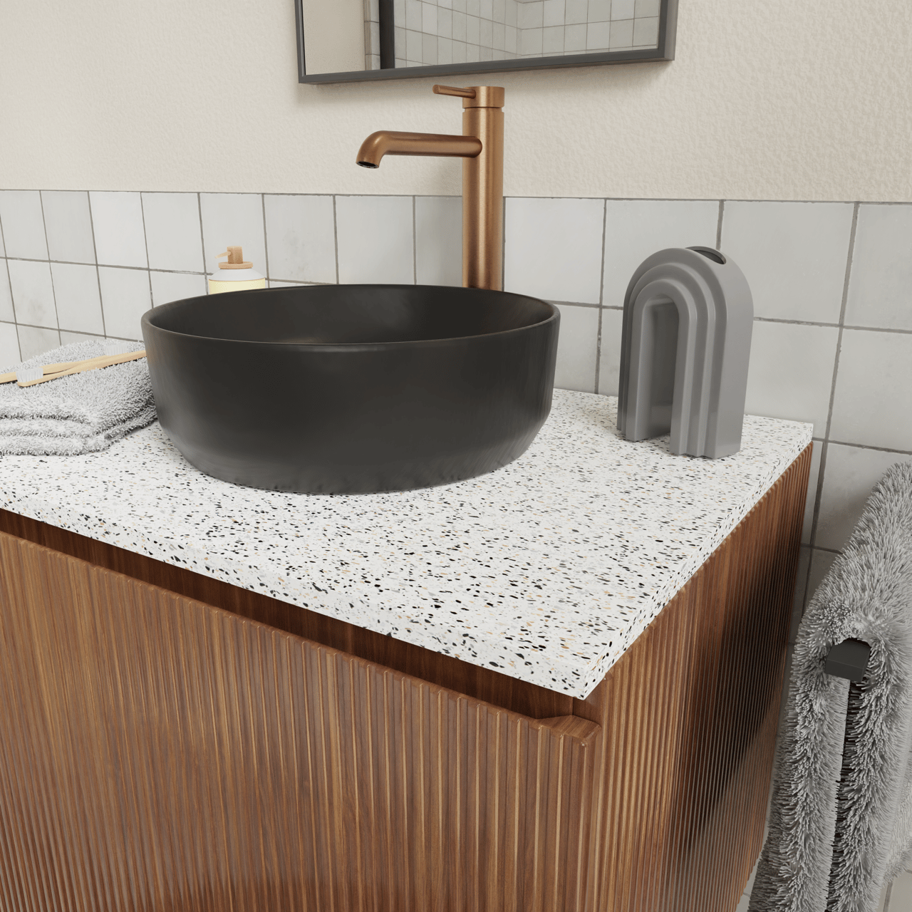 Storke Tavola Einzel Waschtischplatte Weiß/Schwarz Terrazzo Matt 75 x 52 cm