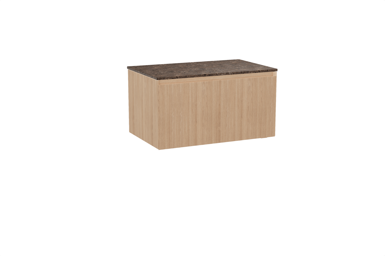 Balmani Fila zwevend badkamermeubel 90 x 55 cm natuur eik met Stretto enkel tablet in marmer dark emperador, Verticale symmetrische rechte ribbel