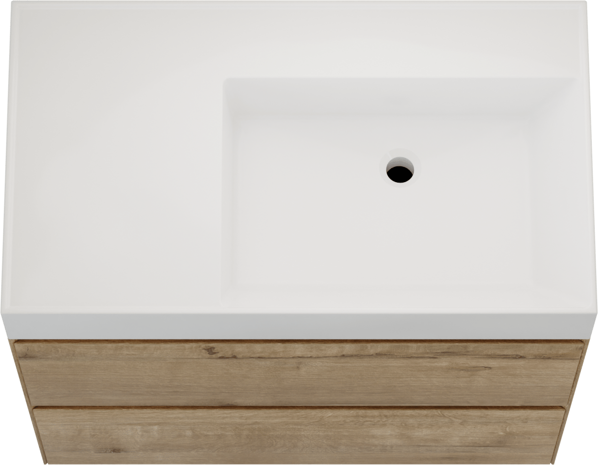 Balmani Mitra Compact zwevend badkamermeubel 80 x 46 cm ruwe eik met Argila asymmetrisch rechtse wastafel in composietmarmer glanzend wit