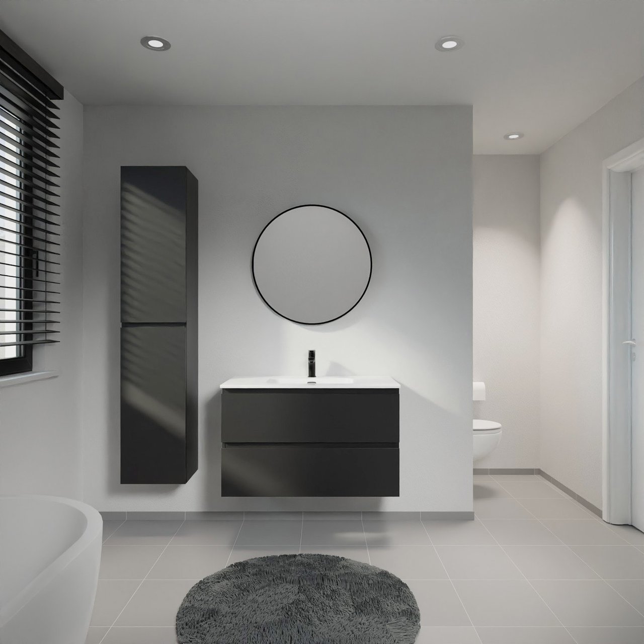 Linie Lado hängendes Möbelstück Set: 90 x 46 cm, Schwarz matt, mit Baro Einzelwaschtisch, Porzellan Weiß glänzend