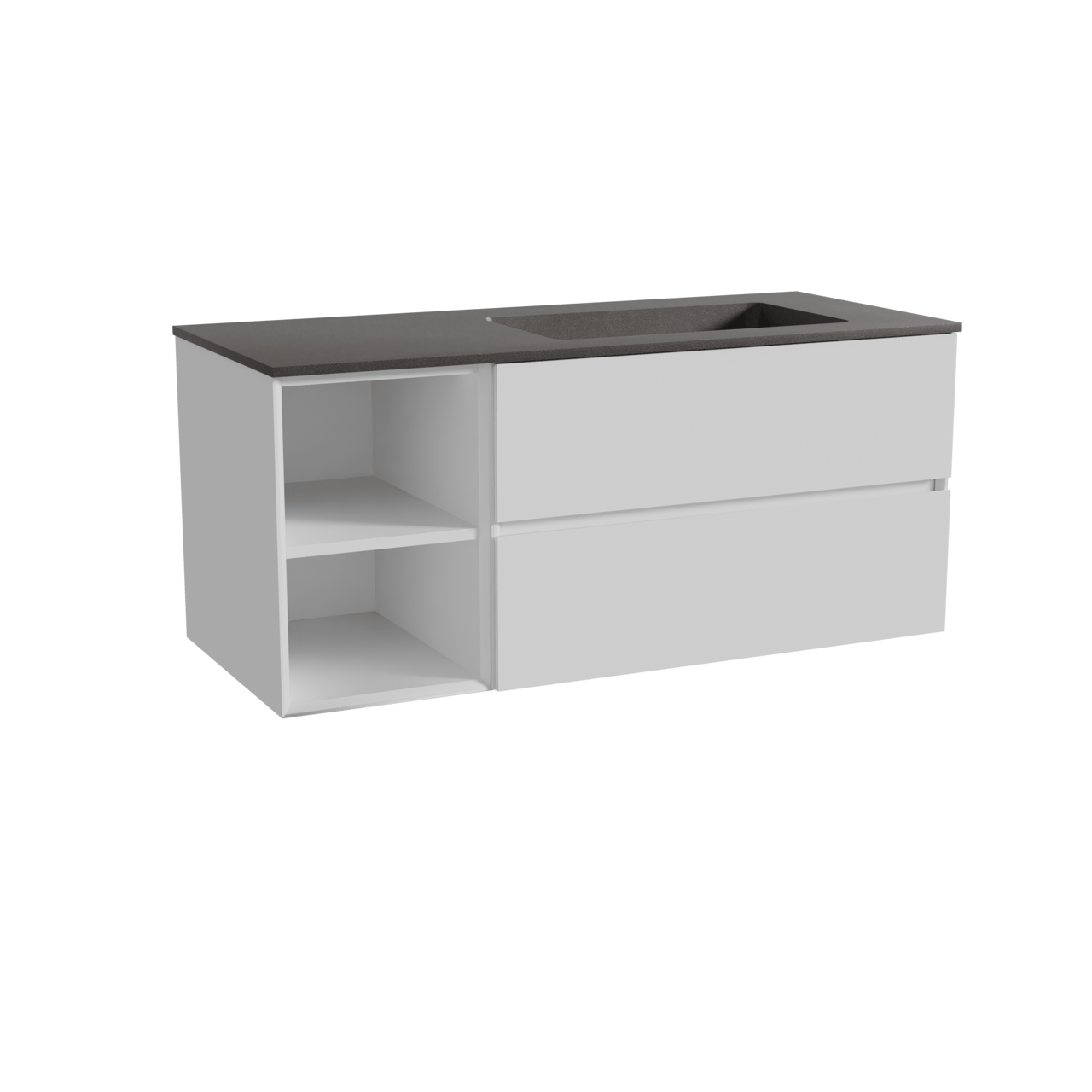 Storke Edge meuble salle de bains suspendu 120 x 52 cm blanc mat avec Scuro plan vasque asymétrique à droite en quartz noir mat