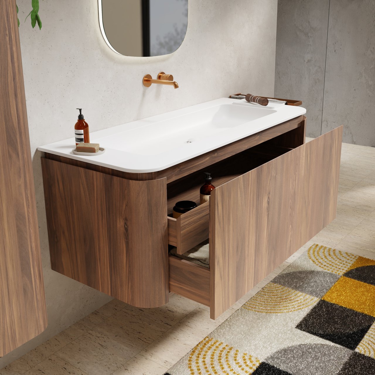 Balmani Moon meuble salle de bains suspendu 130 x 55 cm noyer américain avec Moon tablette simple ou double en solid surface blanc mat