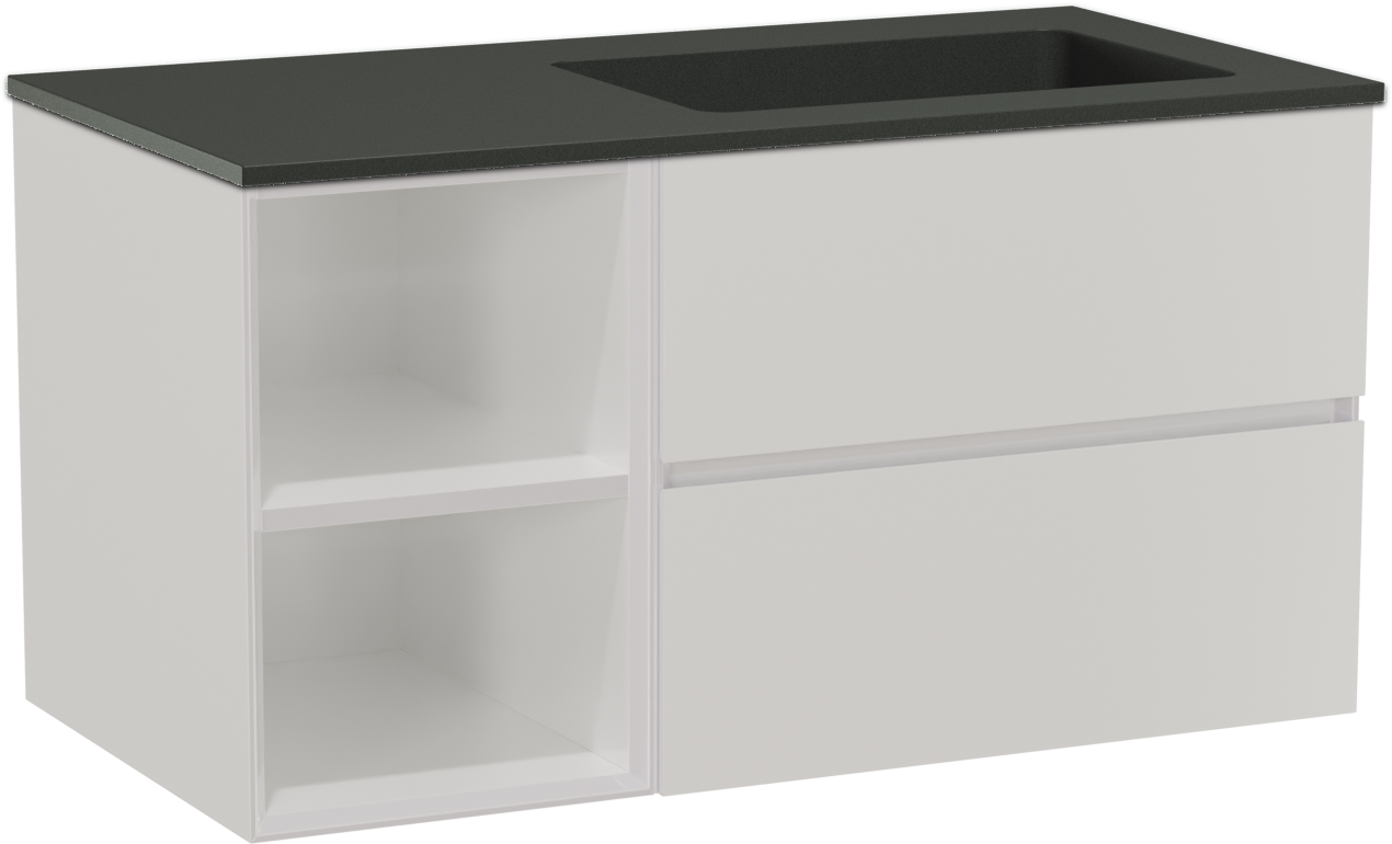 Storke Edge zwevend badmeubel 100 x 52 cm hoogglans wit met Scuro asymmetrisch rechtse wastafel in kwarts mat zwart