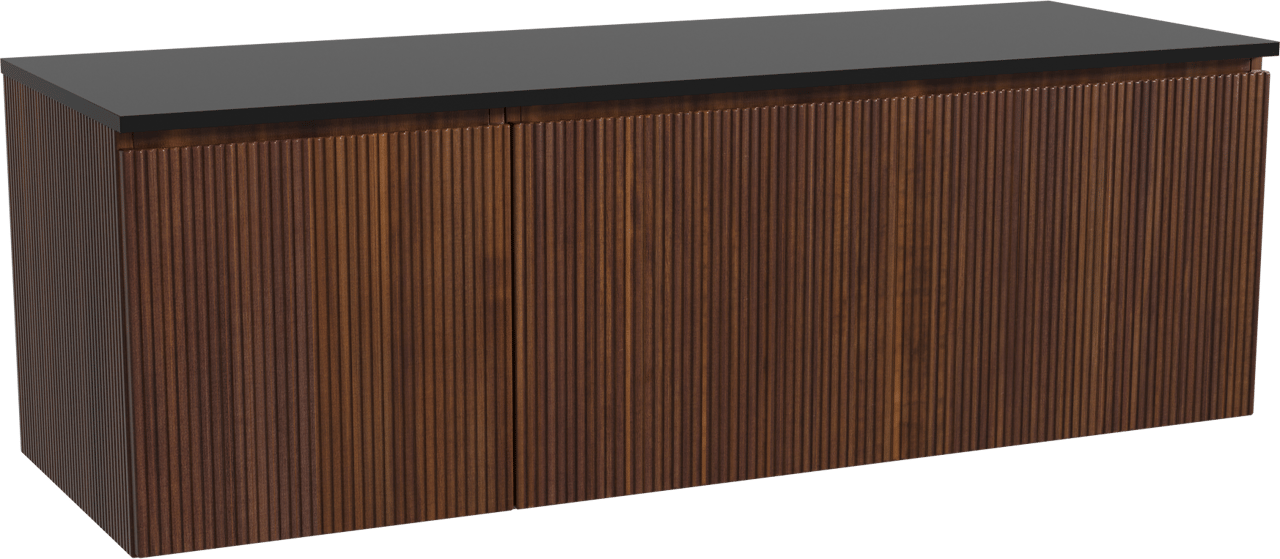 Storke Ribs zwevend badmeubel 150 x 52 cm notenhout met Panton enkel of dubbel wastafelblad in gepoedercoate mdf mat zwart, Verticale symmetrische rechte ribbel