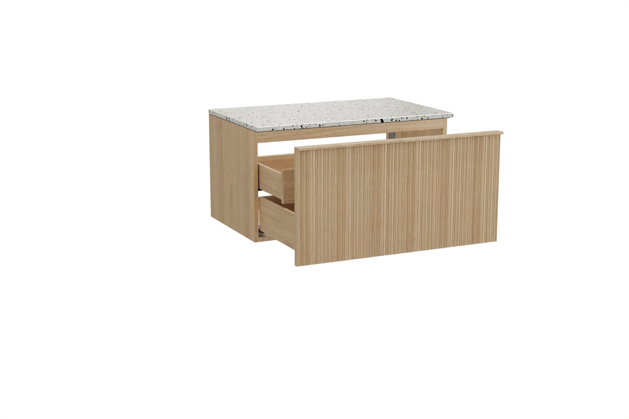 Balmani Forma meuble salle de bains suspendu 90 x 55 cm chêne naturel avec Stretto tablette simple en blanc/noir mat terrazzo, Nervure circulaire asymétrique verticale