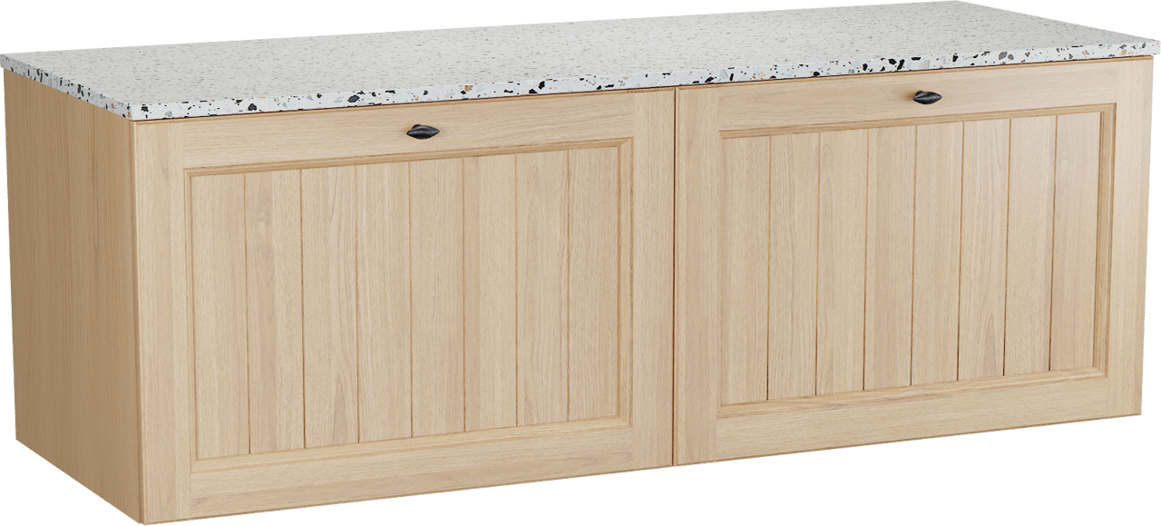 Balmani Lemon zwevend badkamermeubel 150 x 55 cm, fineer natuur eik met Stretto enkel of dubbel tablet in mat wit/zwart terrazzo