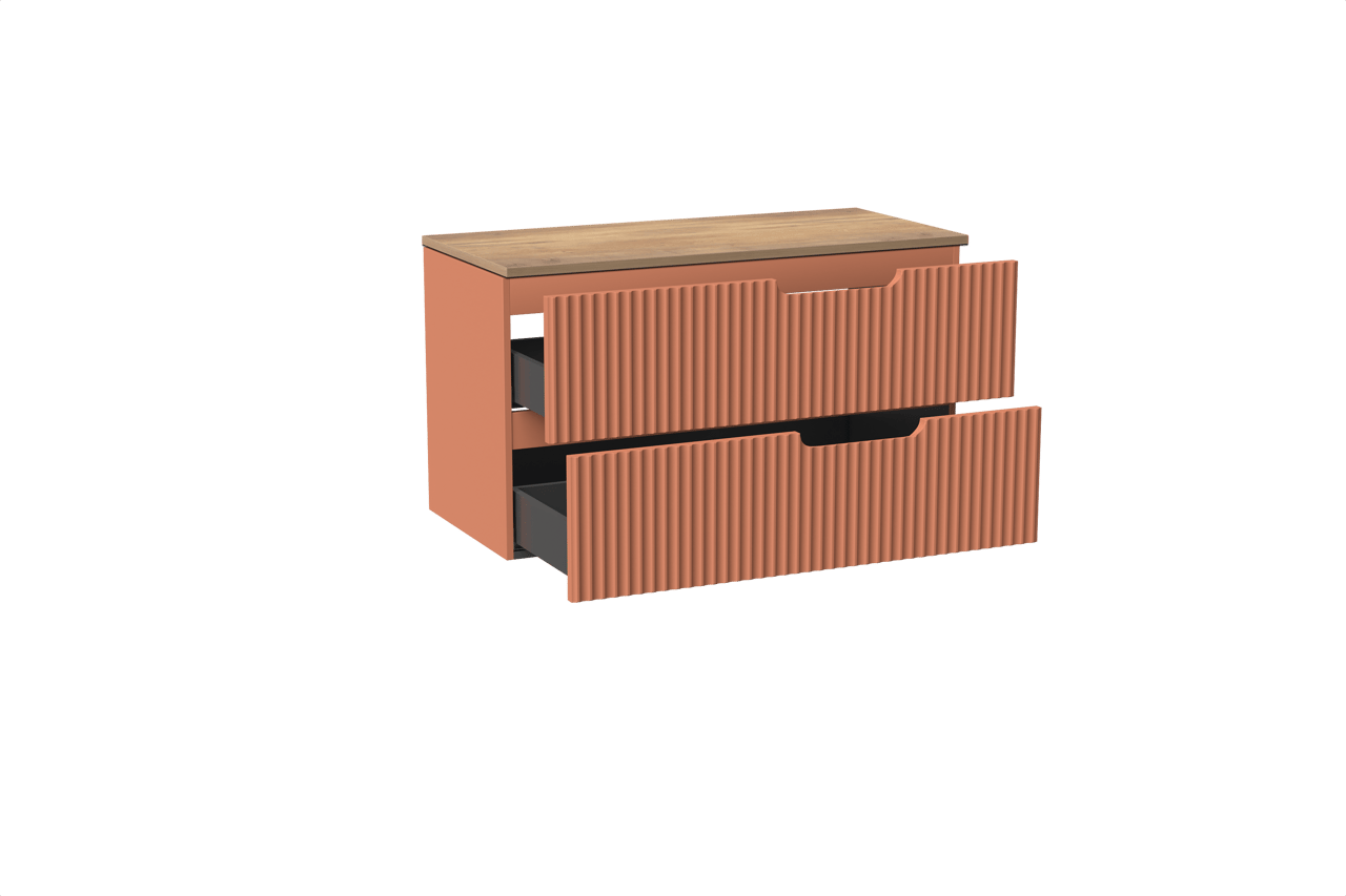 Linie Ribbo hängendes Möbelstück Set: 100 x 46 cm, Cotto, mit Lado Einzel- oder Doppel Waschtischplatte, Melamin, Naturbelassene Eiche, Vertikale symmetrische runde Rippe