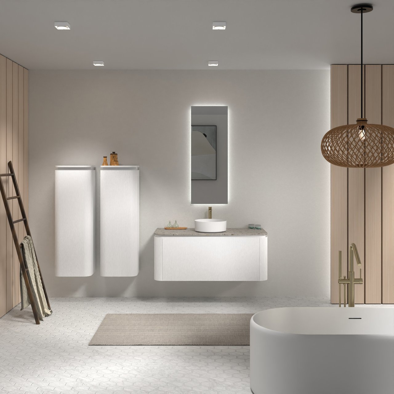 Balmani Moon hängendes Möbelstück Set: 130 x 55 cm, Weiß matt, mit Moon Einzel- oder Doppel Waschtischplatte, Terrazzo in Greige, Vertikale symmetrische gerade Rippe