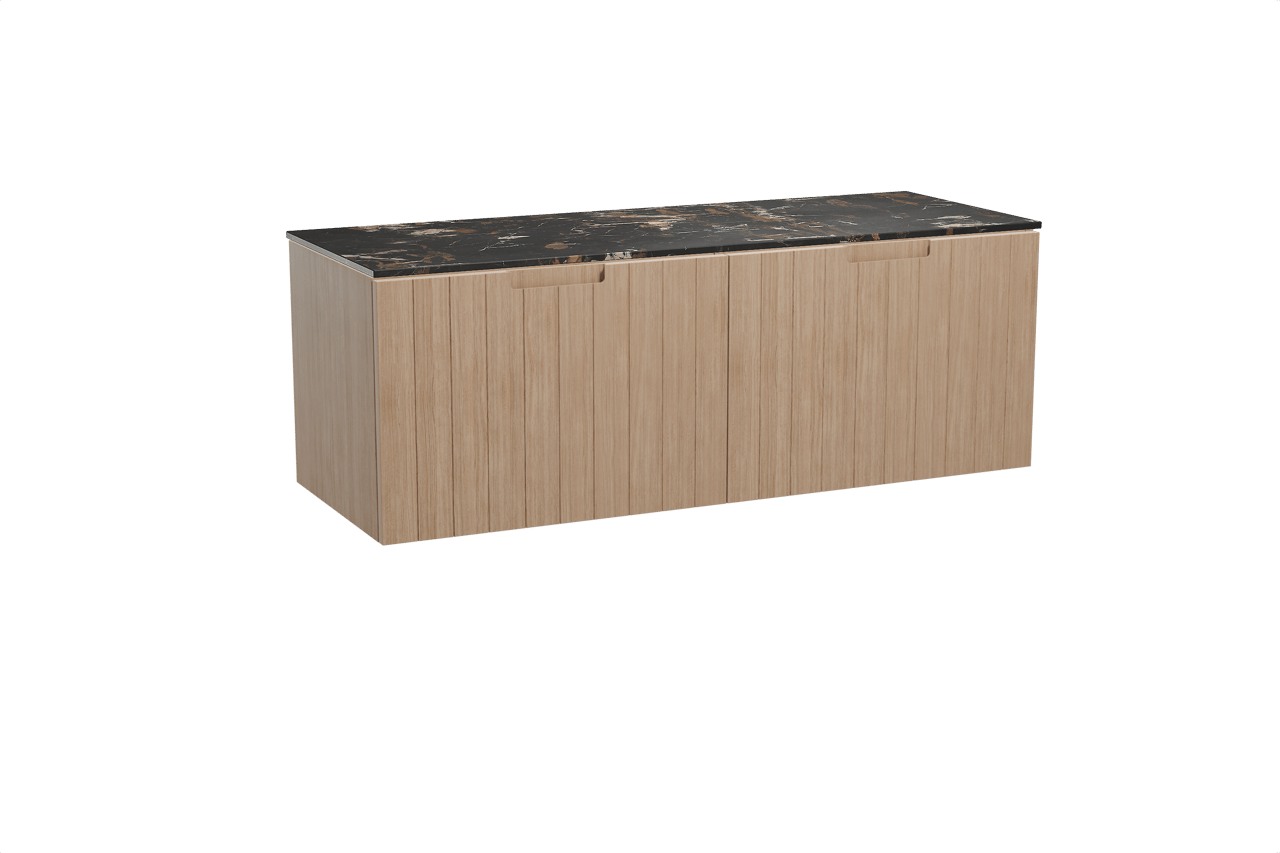 Balmani Adagio meuble salle de bains suspendu 150 x 55 cm chêne vieilli avec Stretto tablette simple ou double en marbre portoro gold