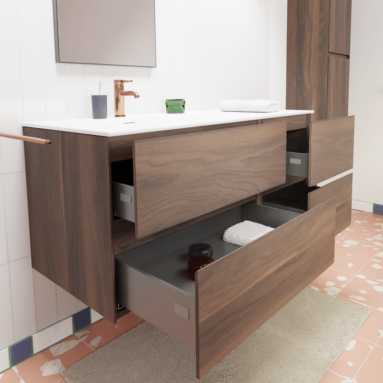 Storke Edge hängendes Möbelstück Set: 120 x 52 cm, Nussbaum, mit Mata Waschtisch links, Solid Surface Weiß matt