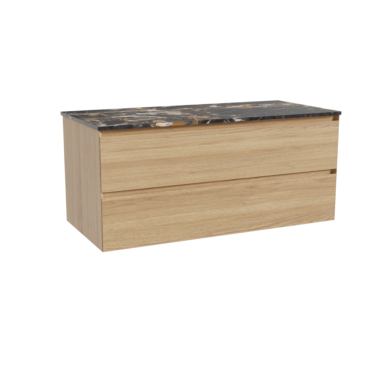 Balmani Mitra hängendes Möbelstück Set: 120 x 55 cm, Naturbelassene Eiche, mit Stretto Einzel Waschtischplatte, Marmor Portoro Gold