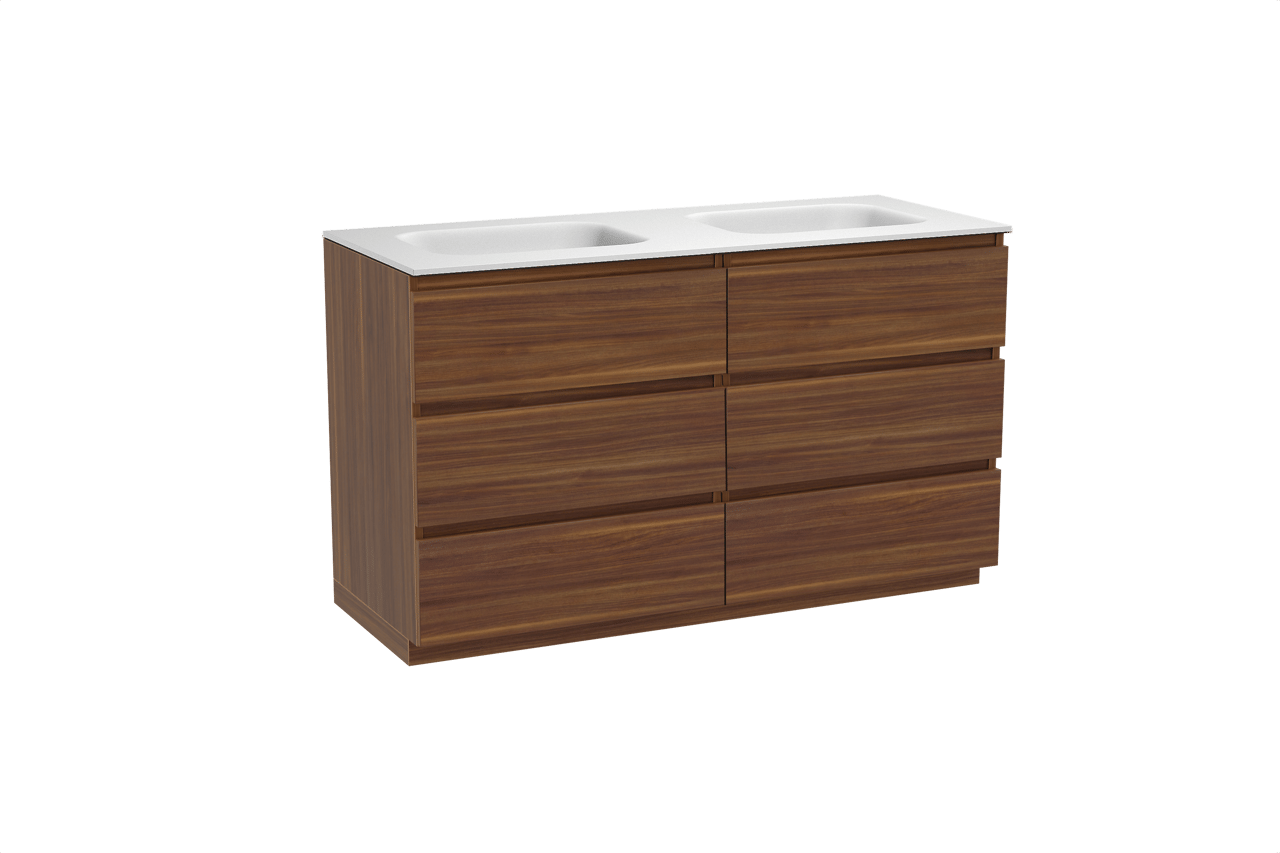 Balmani Lucida staand badkamermeubel 135 x 55 cm amerikaanse notelaar met Tablo Arcato dubbele wastafel in solid surface mat wit