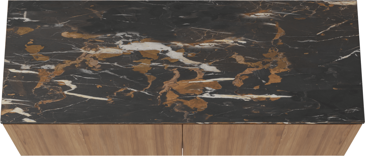 Balmani Eclips meuble salle de bains suspendu 150 x 55 cm Teck avec Stretto tablette simple ou double vasque en Portoro Gold marbre