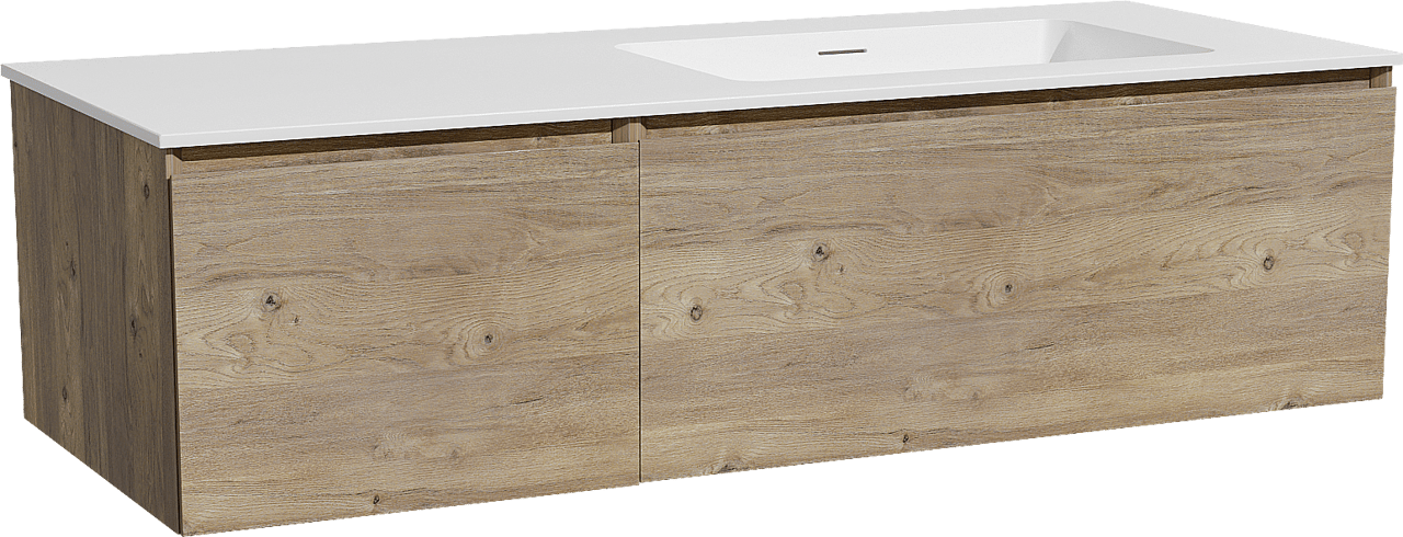 Storke Edge meuble salle de bains suspendu 130 x 52 cm chêne brut avec Mata plan vasque asymétrique à droite en solid surface blanc mat