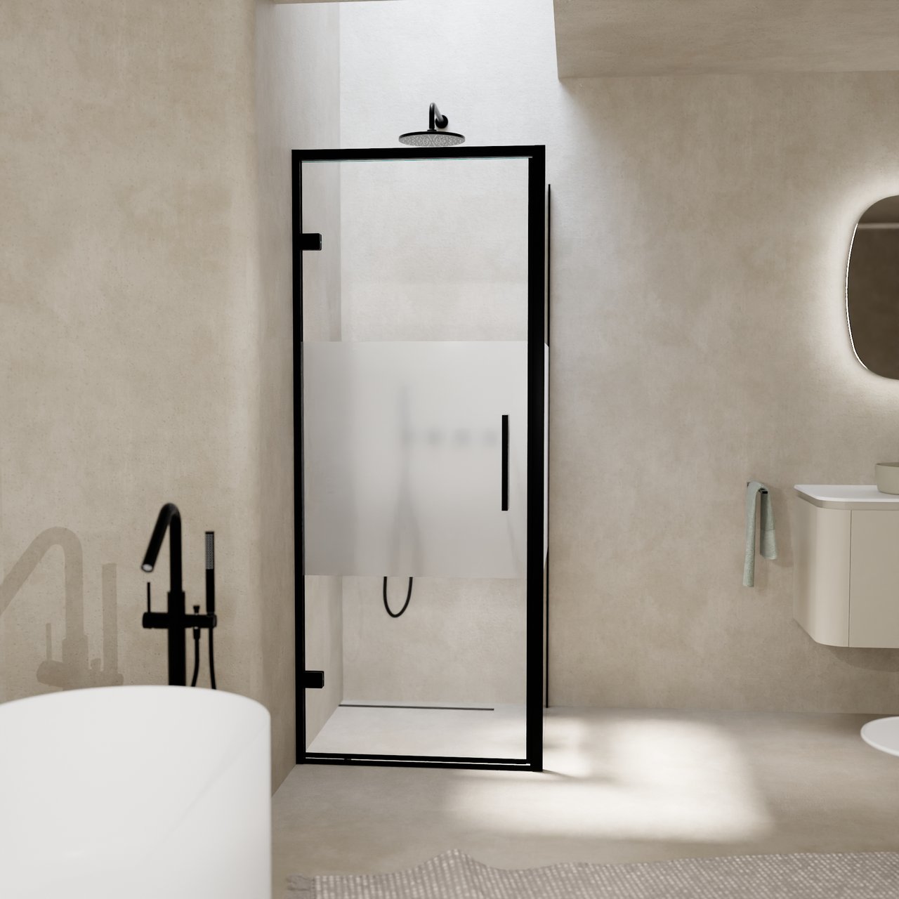 Balmani Senses Design douchehoek met linkse draaideur en vaste zijwand, 90 x 90 cm, Helder glas met matte strook, Zwarte profielen