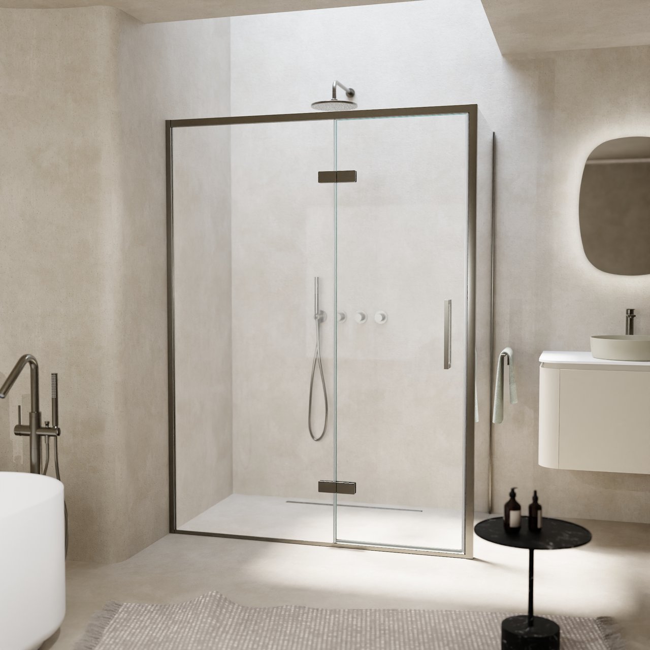 Balmani Senses Design Eckdusche: Drehtür (Links) mit fixierte Seitenwand, 140 x 80 cm, Klarglas, Profil Brushed GunMetal, inklusive Coating