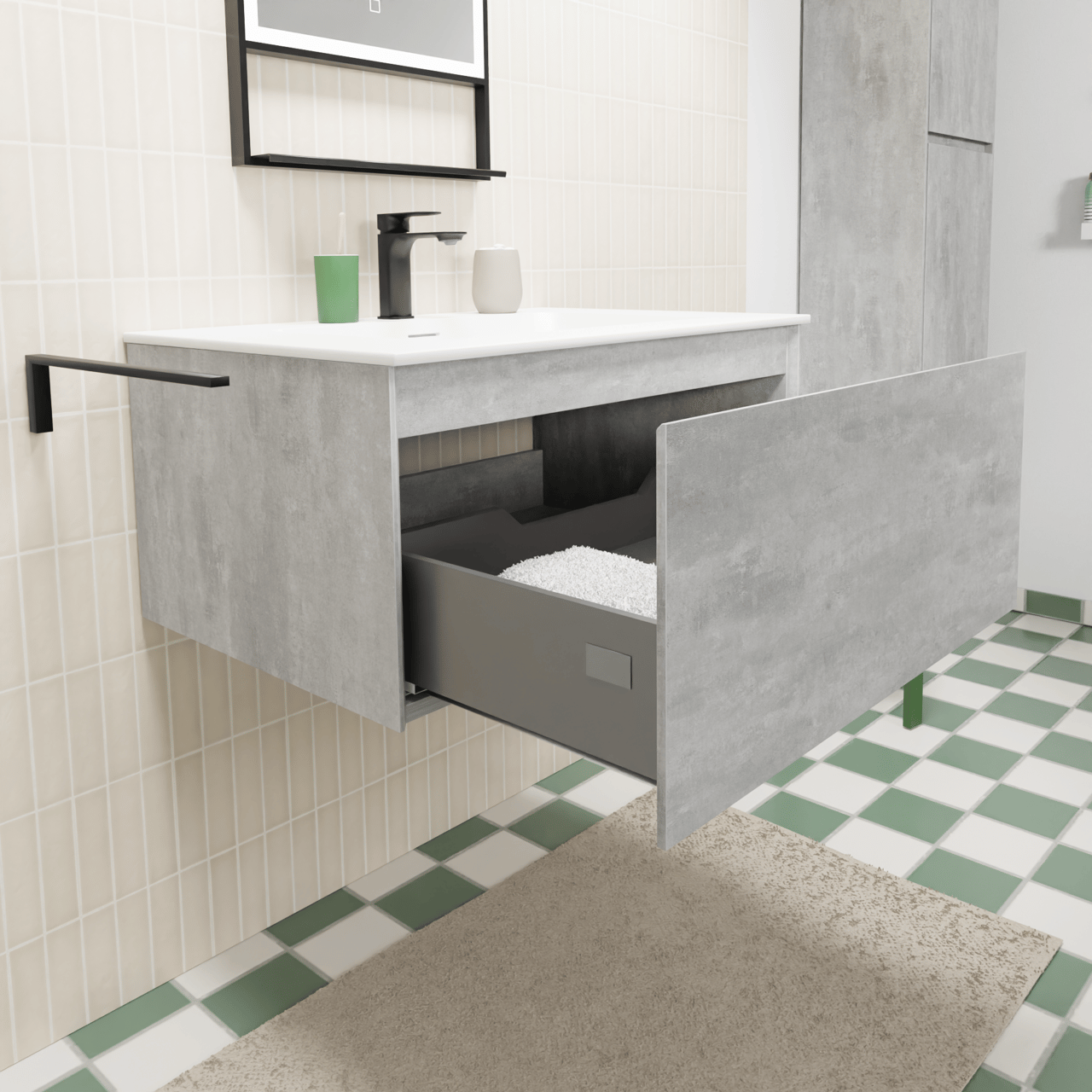 Storke Edge zwevend badkamermeubel 75 x 52 cm beton donkergrijs met Mata enkele wastafel in solid surface mat wit