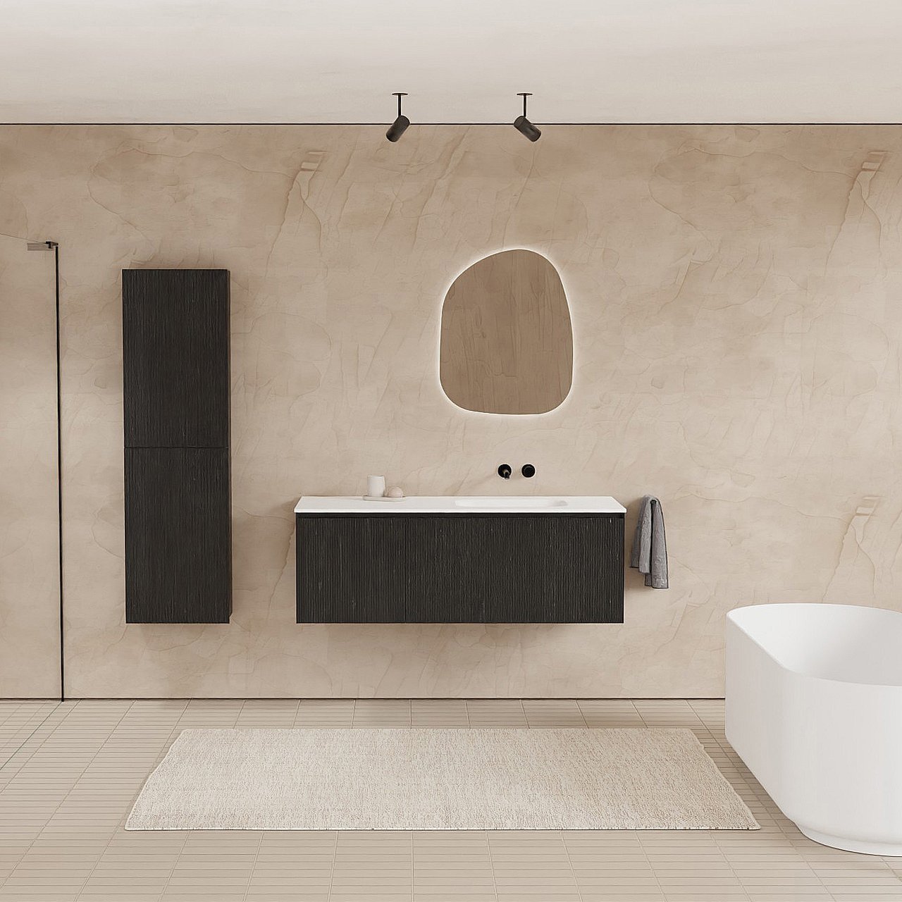 Balmani Fila zwevend badmeubel 135 x 55 cm zwart eiken met Tablo Arcato asymmetrisch rechtse wastafel in solid surface mat wit, Verticale symmetrische rechte ribbel