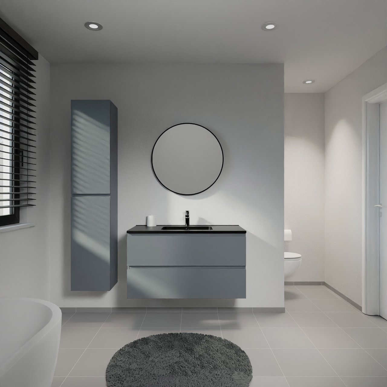 Linie Lado zwevend badmeubel 100 x 46 cm blauw antraciet met Vano enkele wastafel in composietmarmer mat zwart