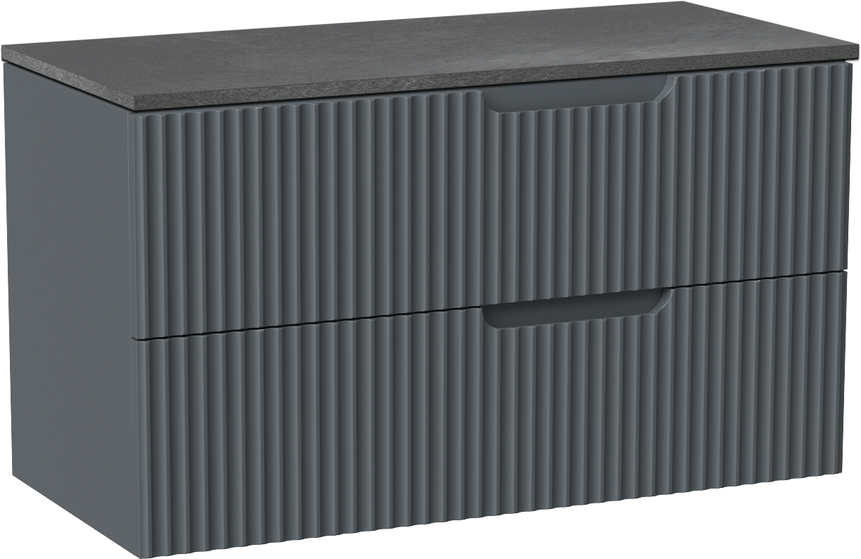 Linie Ribbo meuble salle de bains suspendu 100 x 46 cm bleu anthracite avec Lado tablette simple ou double en mélaminé ardoise gris, Nervure circulaire symétrique verticale