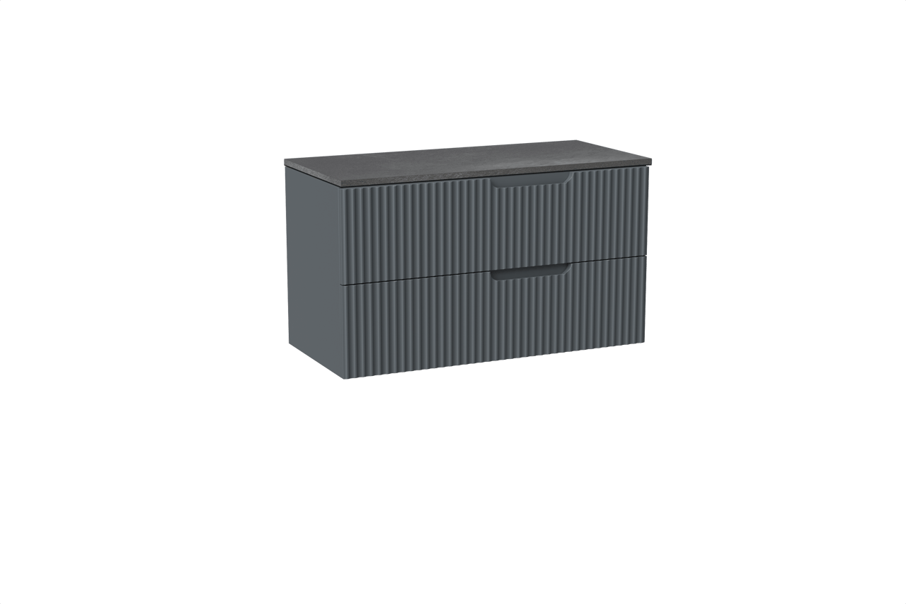 Linie Ribbo meuble salle de bains suspendu 100 x 46 cm bleu anthracite avec Lado tablette simple ou double en mélaminé ardoise gris, Nervure circulaire symétrique verticale