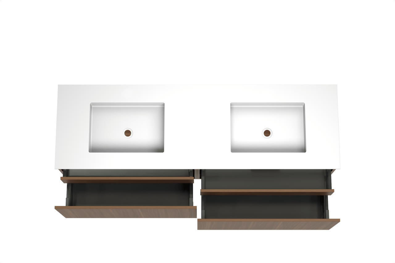 Balmani Sfera meuble salle de bains suspendu 180 x 55 cm noyer américain avec Tablo Stretto double vasque en solid surface blanc mat