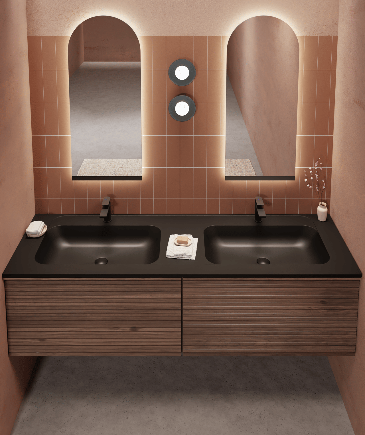 Balmani Forma meuble sous-lavabo suspendu nervure horizontale 90 x 55 cm noyer Américain 2 tiroirs