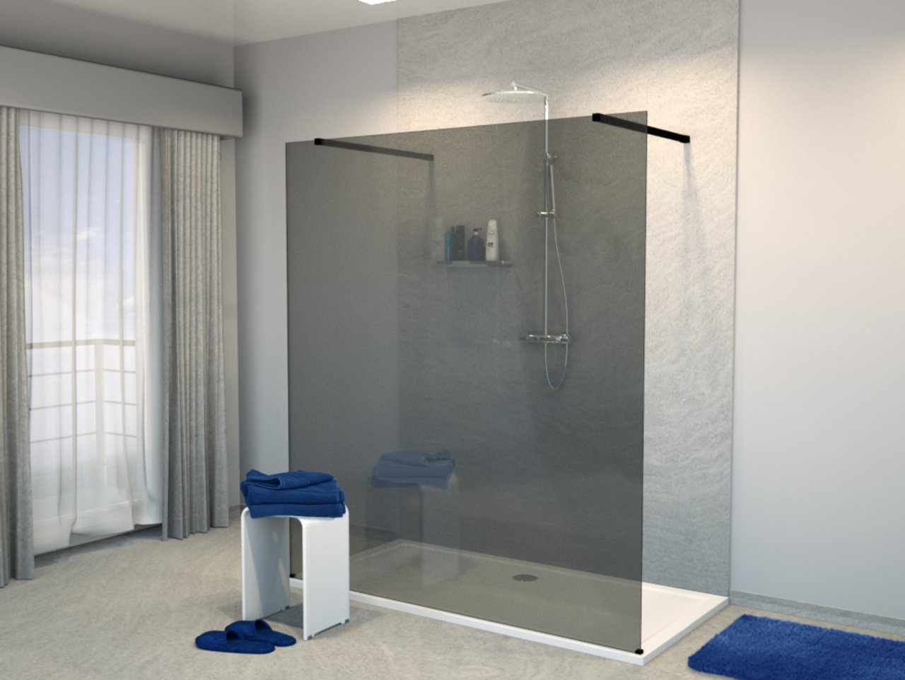 Balmani Modular inloopdouche met vrijstaande wand 180 x 200 cm rookglas mat zwart profiel