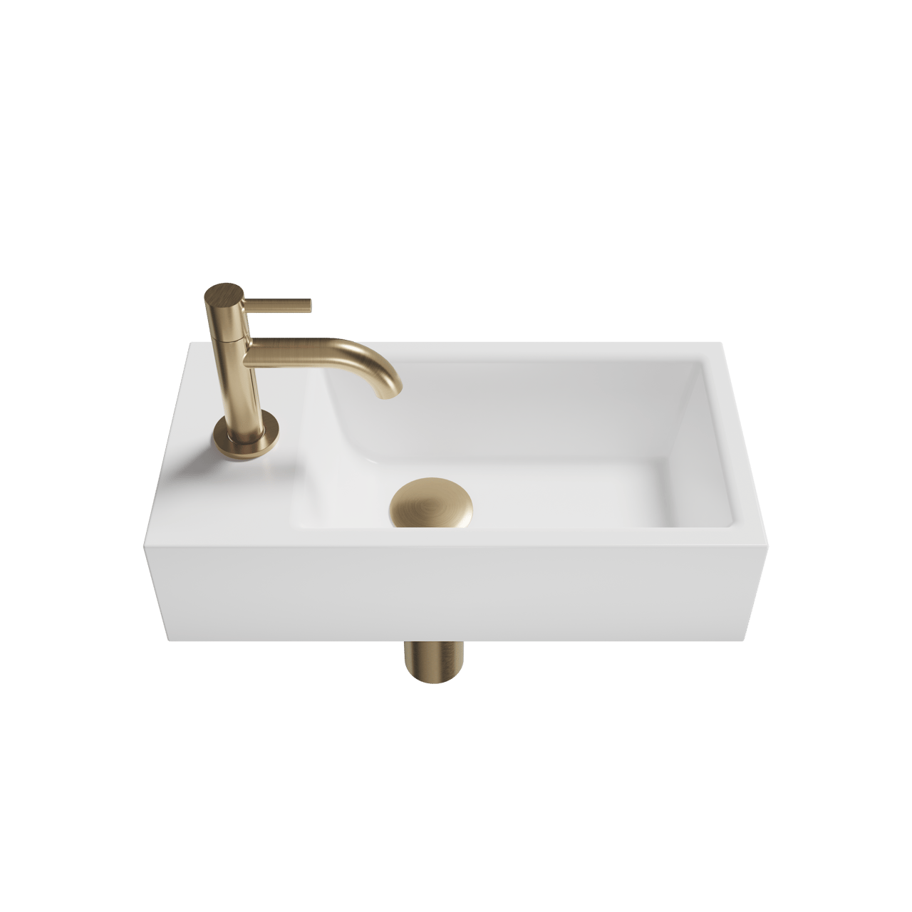 Luca Varess Cubic midi handenwasser glanzend wit Porselein links 40,5 x 20 cm inclusief Rose Gold kraan en toebehoren