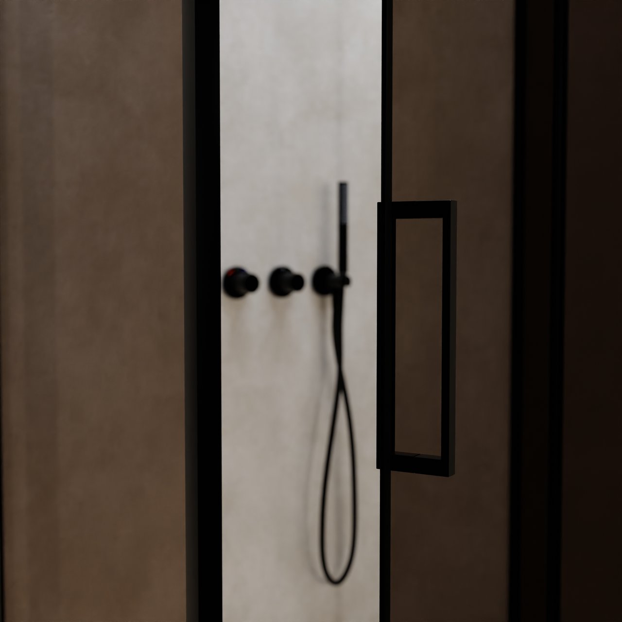 Balmani Senses Design Eckdusche: Drehtür (Rechts) mit fixierte Seitenwand, 100 x 100 cm, Bronze, Profil Schwarz, inklusive Coating