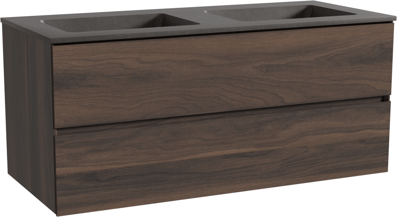 Storke Edge meuble salle de bains suspendu 120 x 52 cm noyer avec Scuro double vasque en quartz noir mat