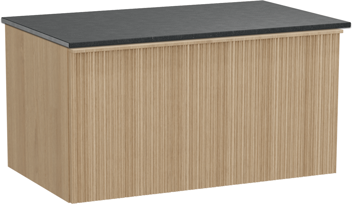 Balmani Forma meuble salle de bains suspendu 90 x 55 cm chêne naturel avec Stretto tablette simple en granit noir, Nervure circulaire asymétrique verticale