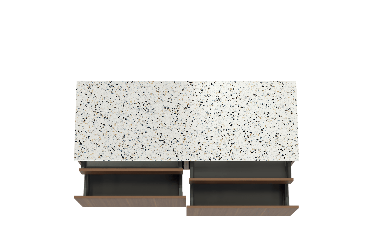 Balmani Sfera meuble salle de bains suspendu 150 x 55 cm noyer américain avec Stretto tablette simple ou double en blanc/noir mat terrazzo